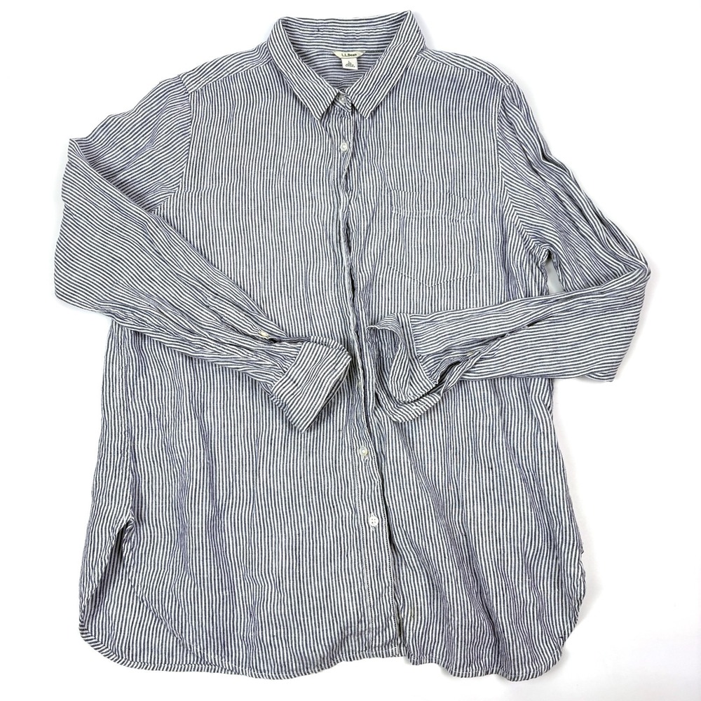 LL Bean Premium Washable Linen Button Up Shirt Womens Sz L White Blue Tunic - Picture 12 of 16